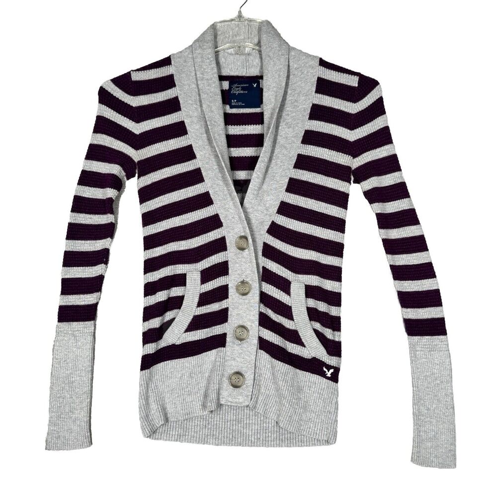 American Eagle Sweater Women Small Gray Purple Stripe Ribbed Retro Casual Preppy